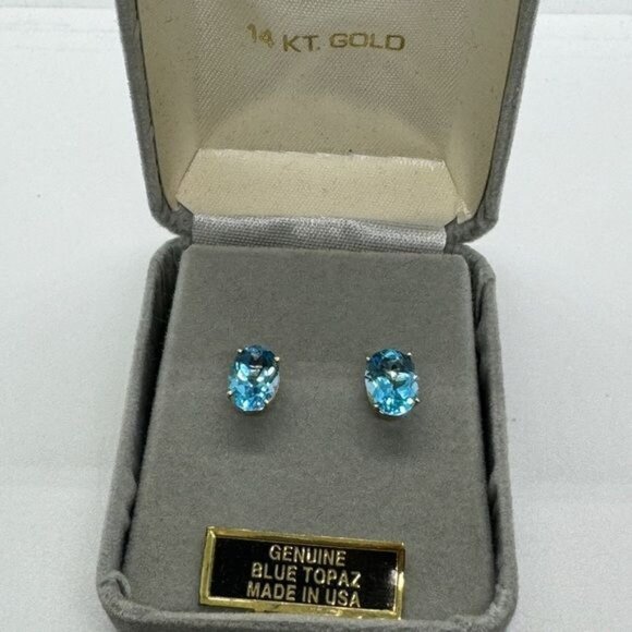 14K Yellow Gold Blue Topaz Earrings Oval Studs Beautiful Classic New - Picture 7 of 7